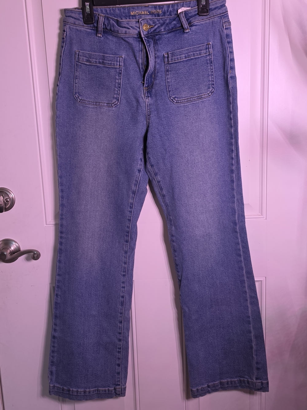 Michael Kors Medium Blue Straight Leg Jeans with Front Patch Pockets